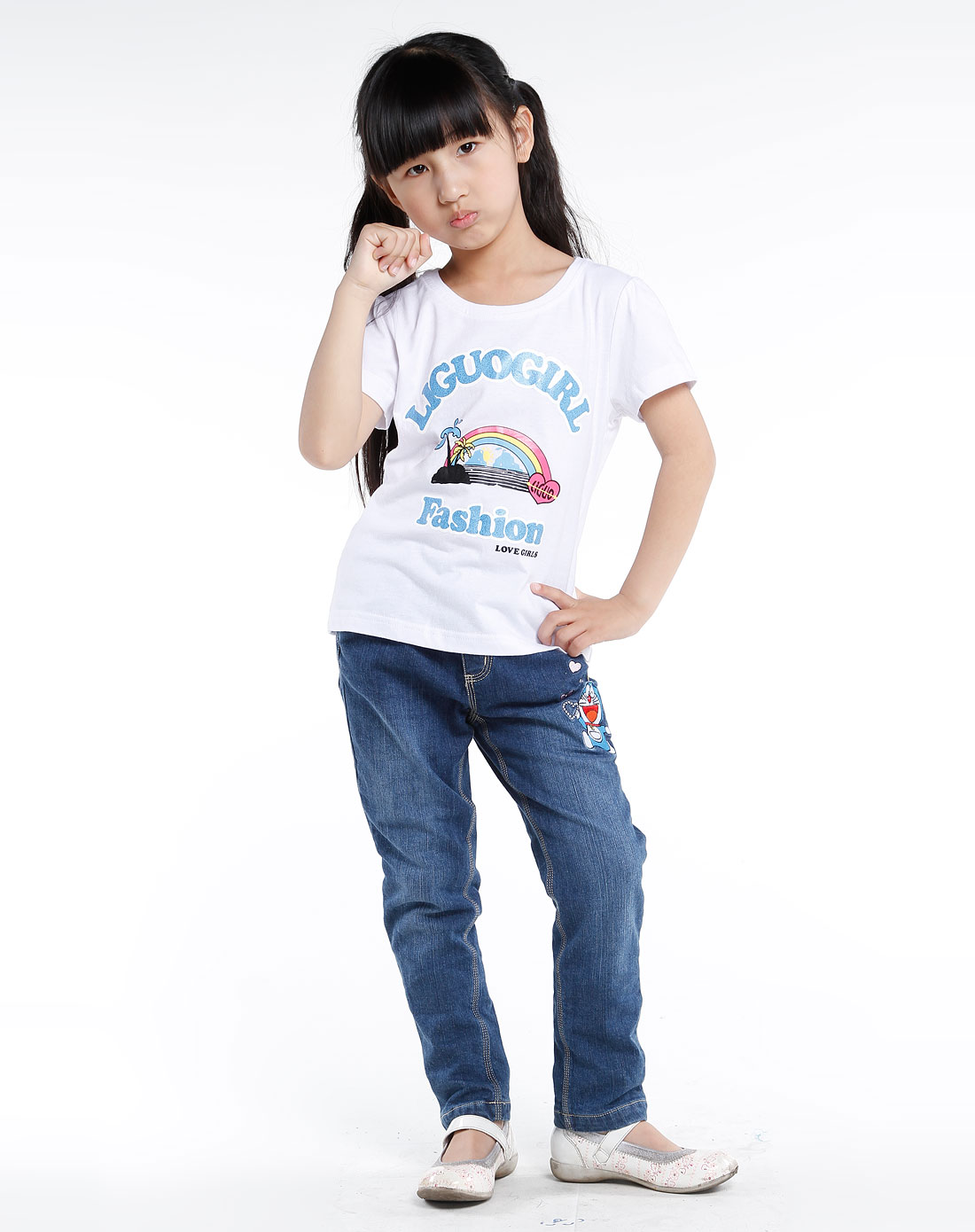 女童白色短袖t恤+背带裙婴儿二