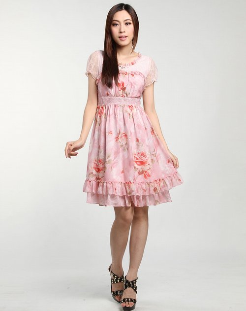 <em>Anna lice女装专场</em>粉红色时尚蕾丝短袖连衣裙价