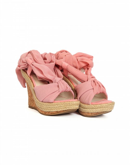pinkyrose女鞋专场女款粉红色长系带坡跟凉鞋