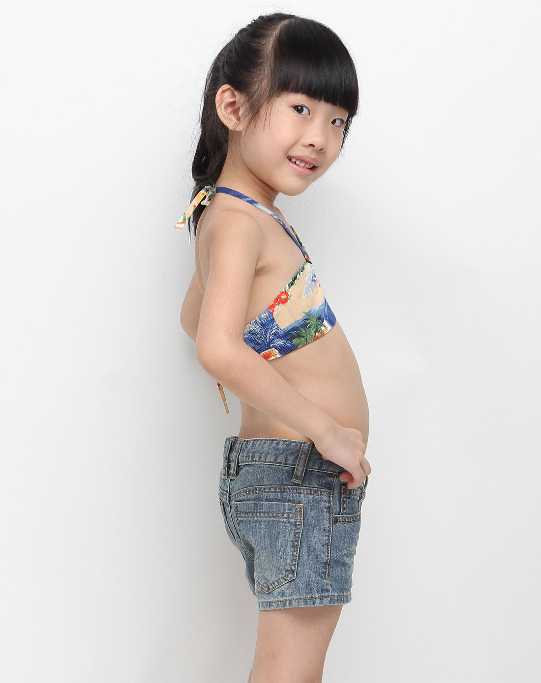 kids男女童装女童花色挂脖比基尼背