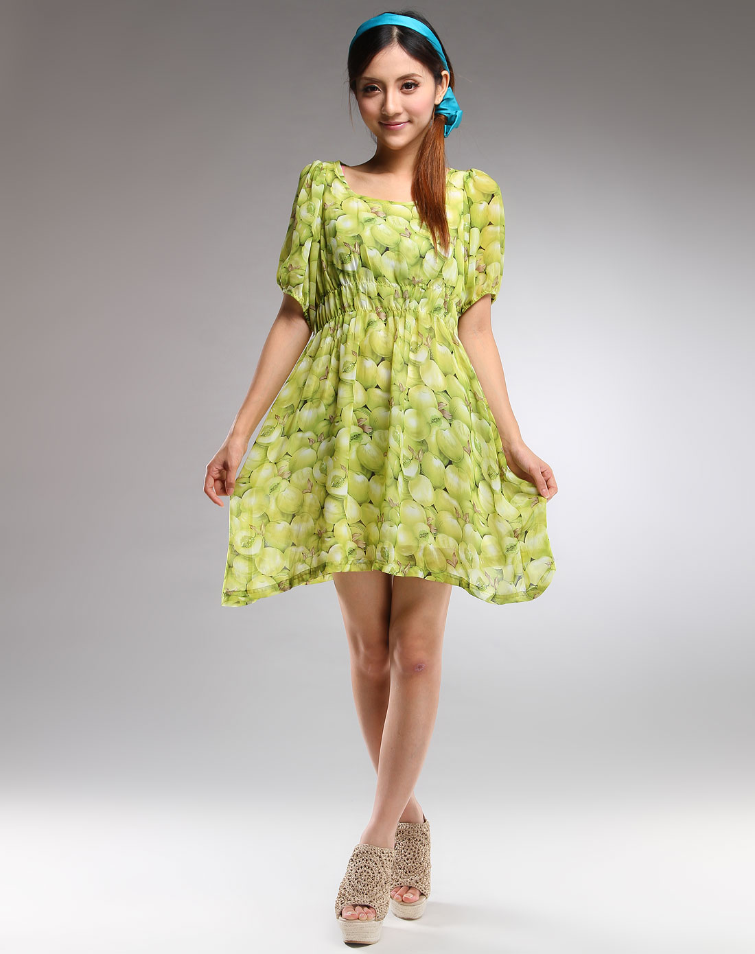 伊莎贝拉ISBL绿色印水果图案短袖连衣裙I122L006630_唯品会
