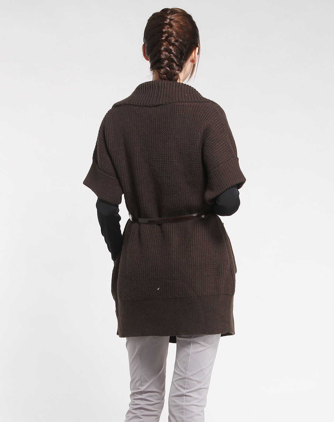 爱特爱EITIE灰绿色<em>大</em>翻领<em>开襟</em>短袖<em>毛衣</em>30017