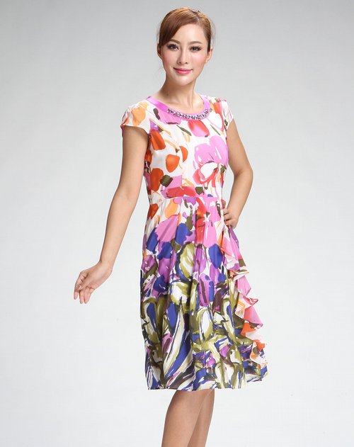 <em>凯撒KAISER女装专场</em>紫色时尚印花短袖连衣裙