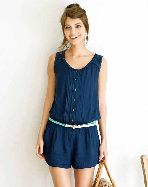 歌莉娅GOELIA普<em>蓝色</em>花边休闲无袖<em>连体短裤</em>_