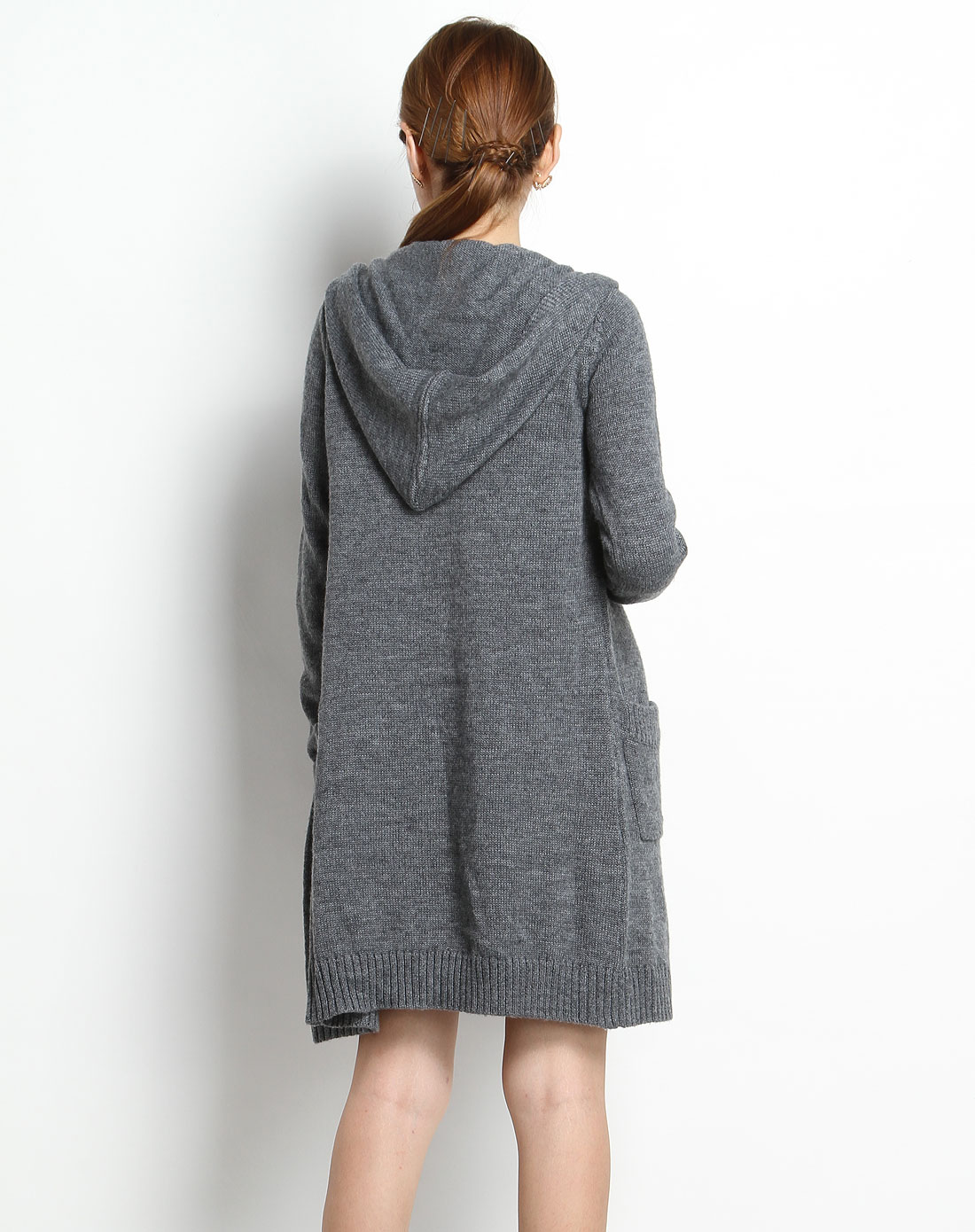 ELLE灰色休闲连帽长袖<em>长款毛衣外套</em>0D23K3