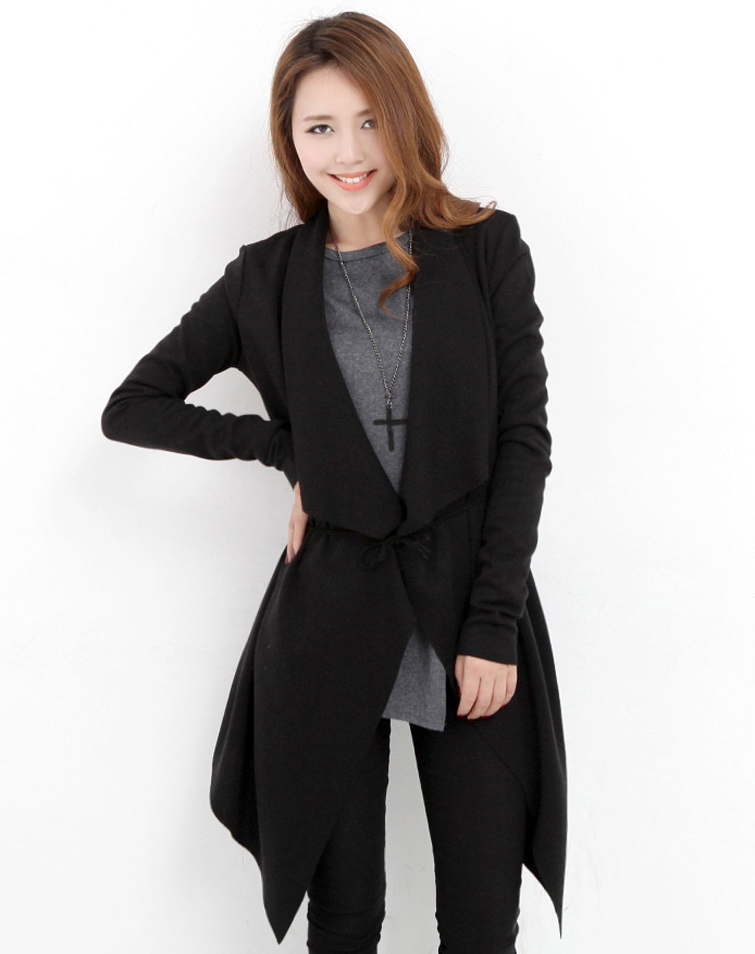 韩都衣舍HSTYLE<em>黑色</em>中<em>长款针织衫开衫</em>EK20