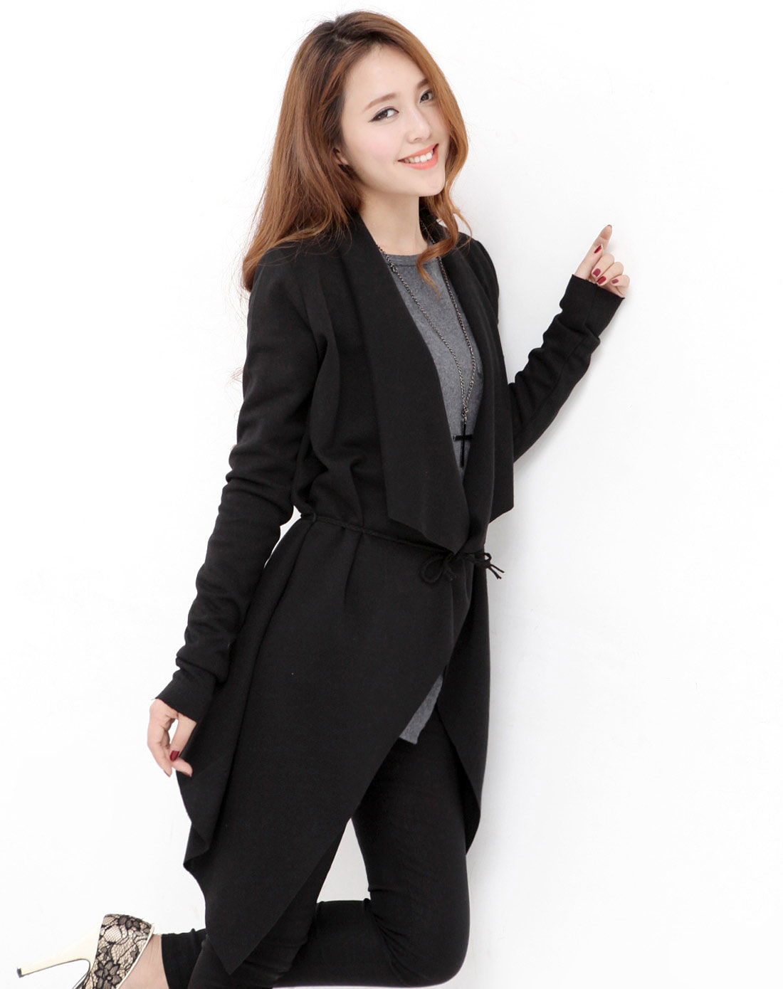 韩都衣舍HSTYLE<em>黑色</em>中<em>长款针织衫开衫</em>EK20