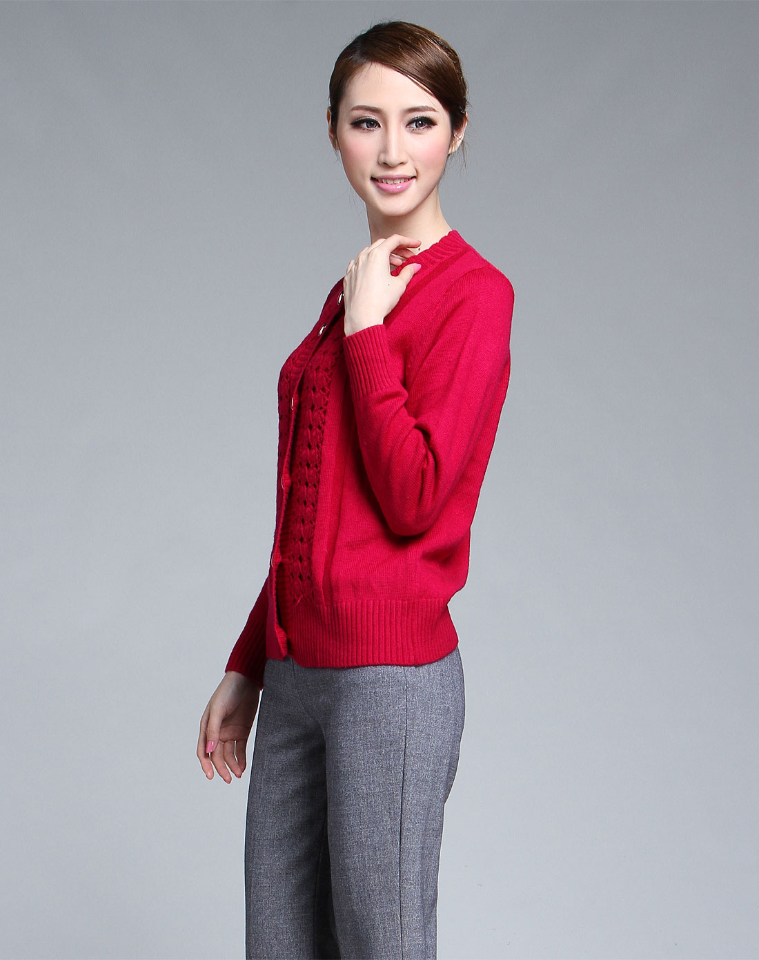 珂清keQing<em>梅红色</em>织花长袖<em>毛衣开衫</em>KQ12008