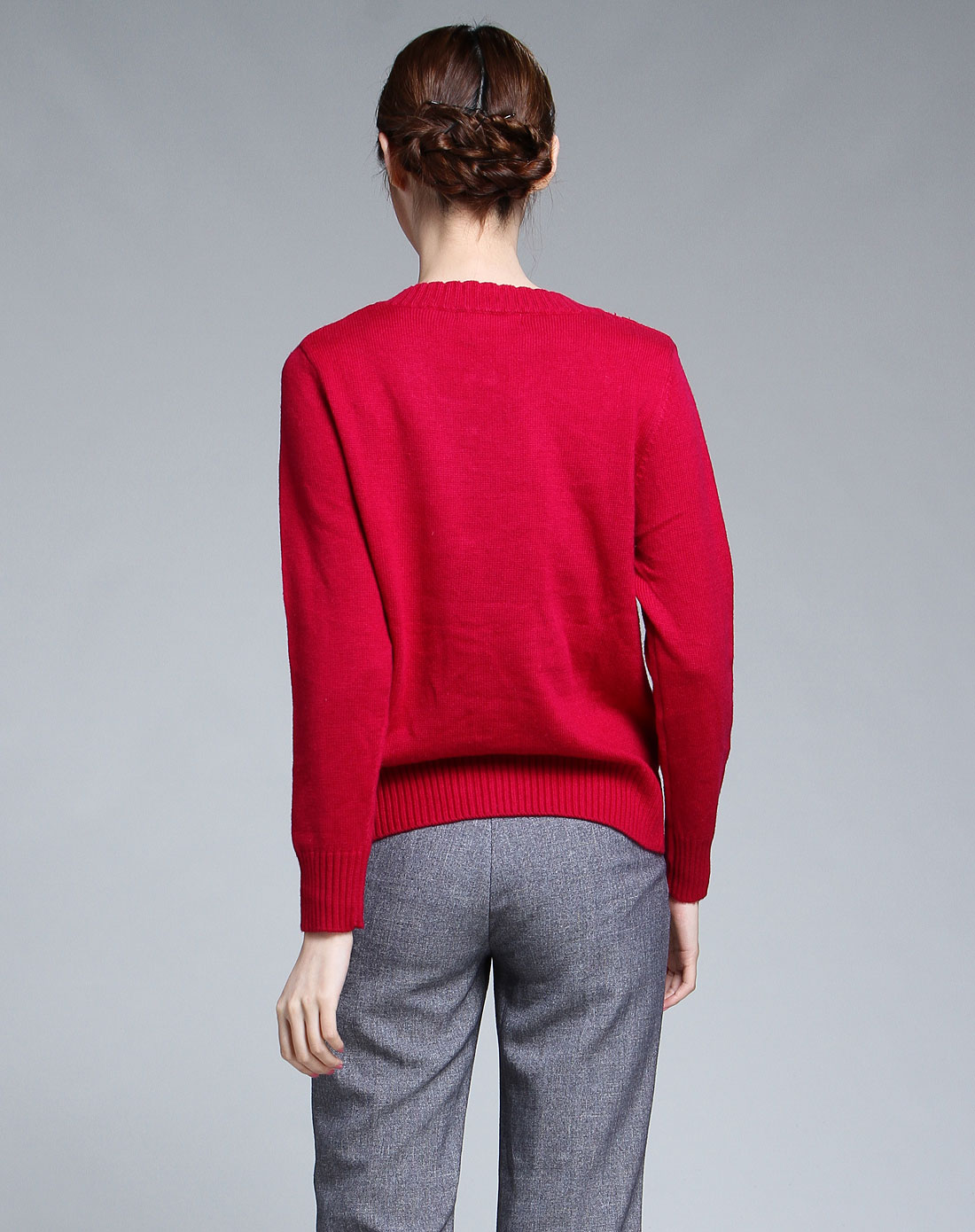 珂清keQing<em>梅红色</em>织花长袖<em>毛衣开衫</em>KQ12008