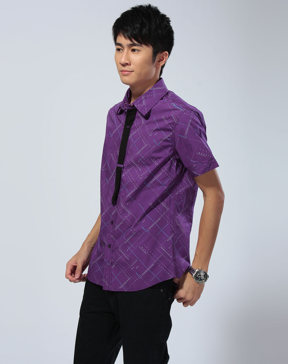 男装休闲专场鎏恒色 深紫色圆点印花领带拼接短袖衬衫