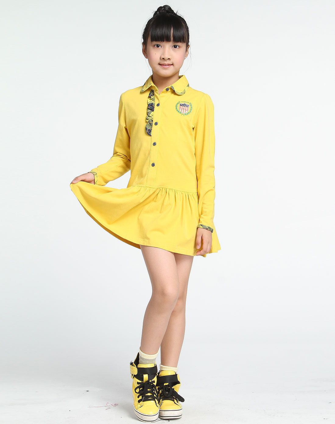 七匹狼SWKIDS男女童装<em>女童</em>金<em>黄色</em>翻领时尚长