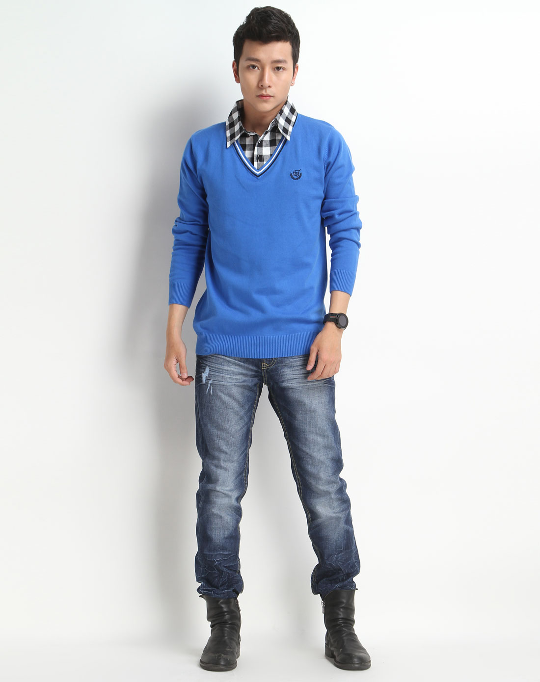 森马<em>深蓝色</em>假两件长袖<em>针织</em>衫10061411104-8