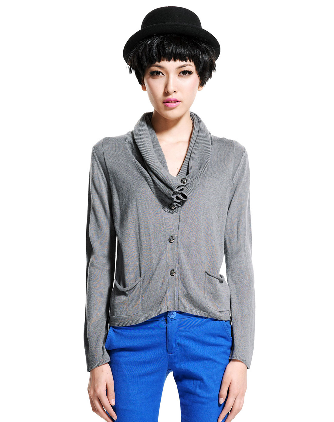 格格旗下品牌OTHER MIX 灰色堆堆领<em>女毛衣</em>带