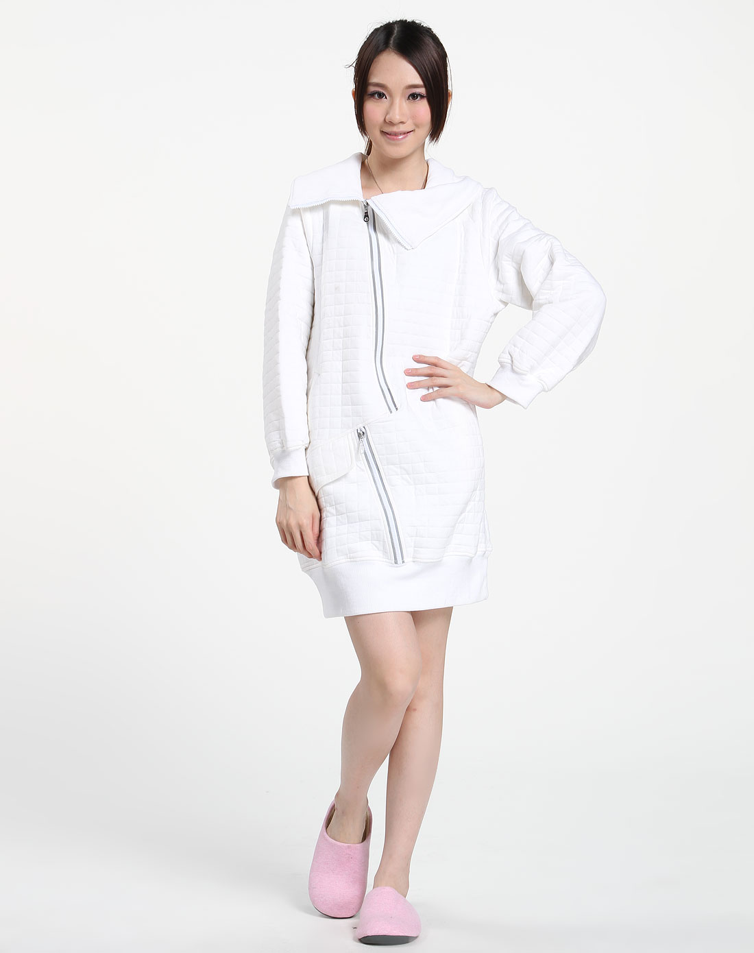 朵朵·可可男女<em>女款白色</em>休闲斜拉链长袖长款棉