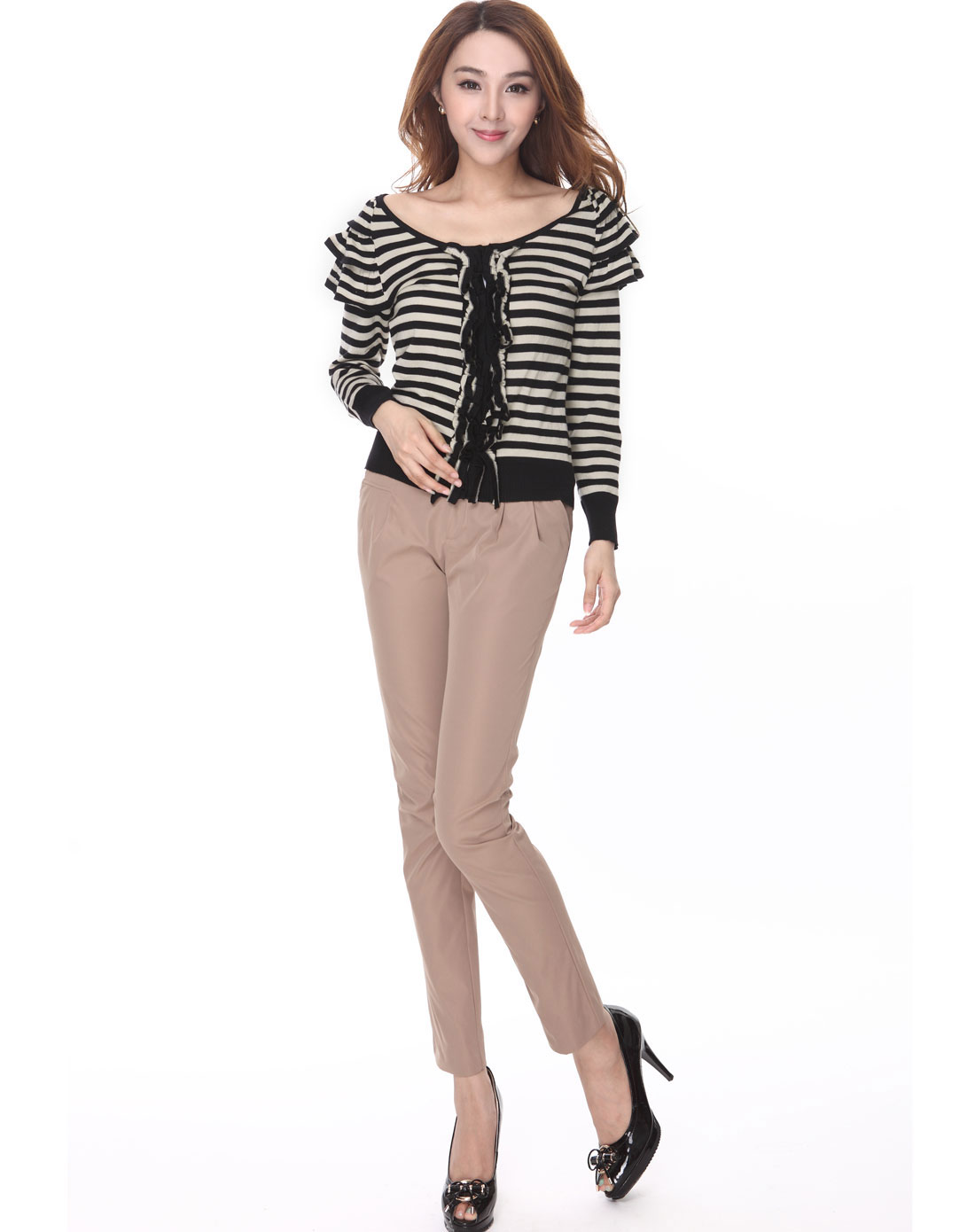 O.SA黑色<em>横条纹</em>荷叶边<em>开衫</em>SH215801000A_