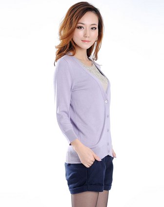 LINDA紫色浪漫丝带衬边V领<em>中长开衫</em>Q00004