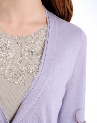 LINDA紫色浪漫丝带衬边V领<em>中长开衫</em>Q00004