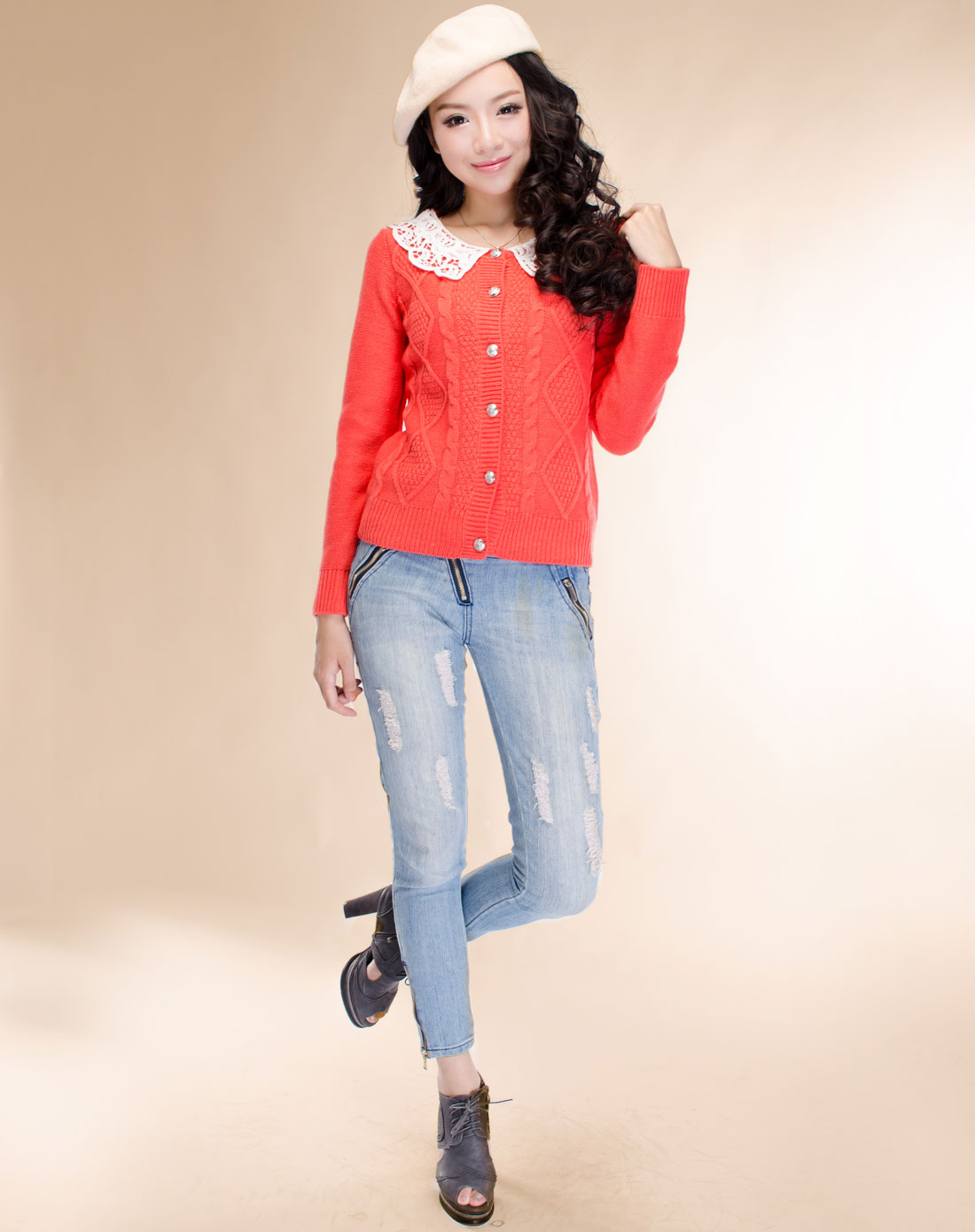 艾金诺USS AZINO-浅橙色<em>花边领毛衣开衫</em>2A0