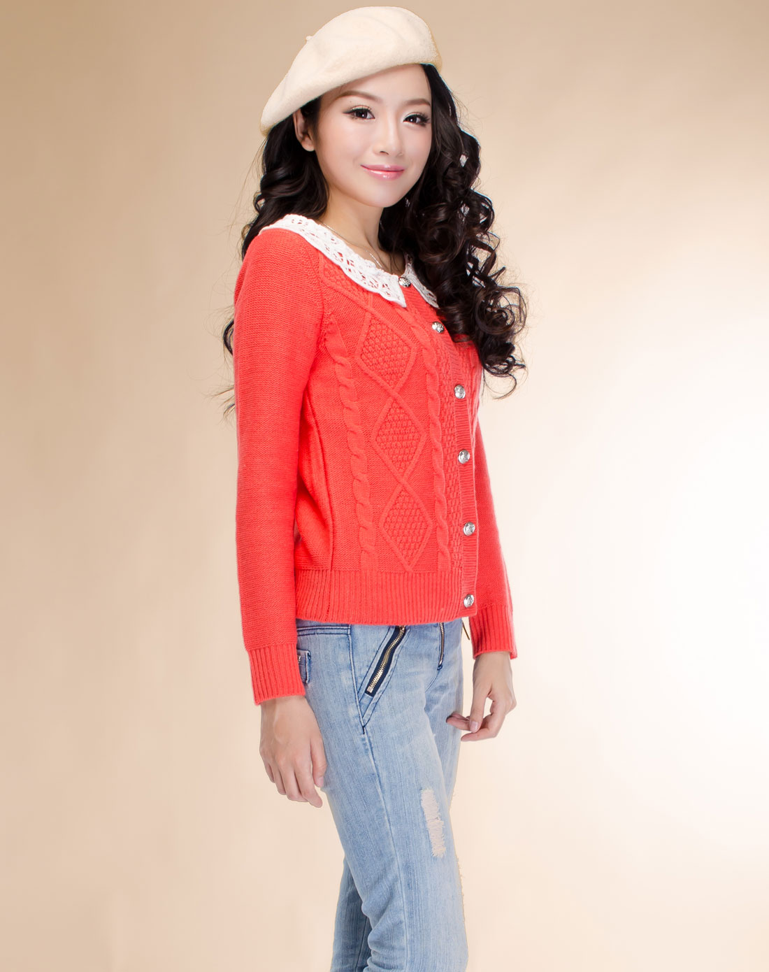 艾金诺USS AZINO-浅橙色<em>花边领毛衣开衫</em>2A0