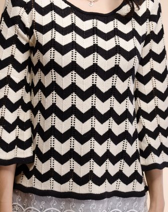 艾金诺USS AZINO-黑白<em>条纹</em>蕾丝<em>下摆毛衣</em>2A1