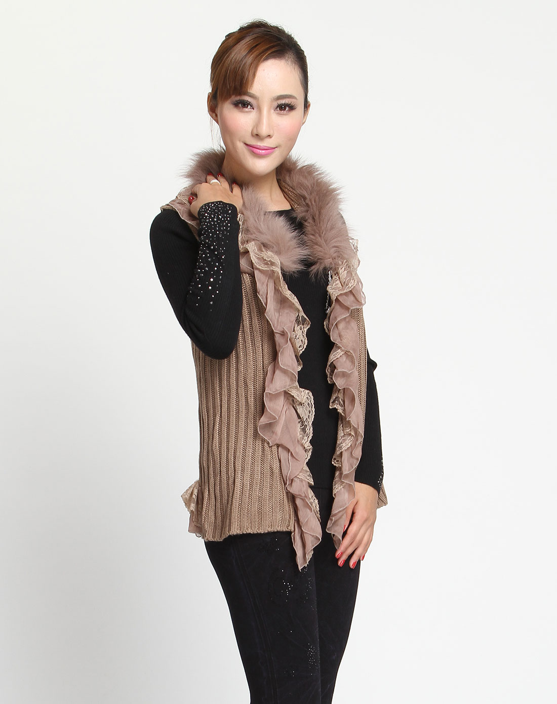 玛莎歌荻MASHAGEDI<em>驼色</em>气质蕾丝毛领<em>马甲</em>M