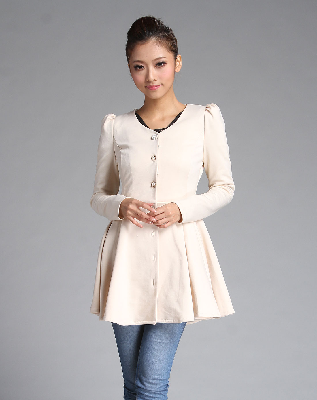 宝纱Nobletex米色<em>长袖连</em>淑女衣裙NAQL03003