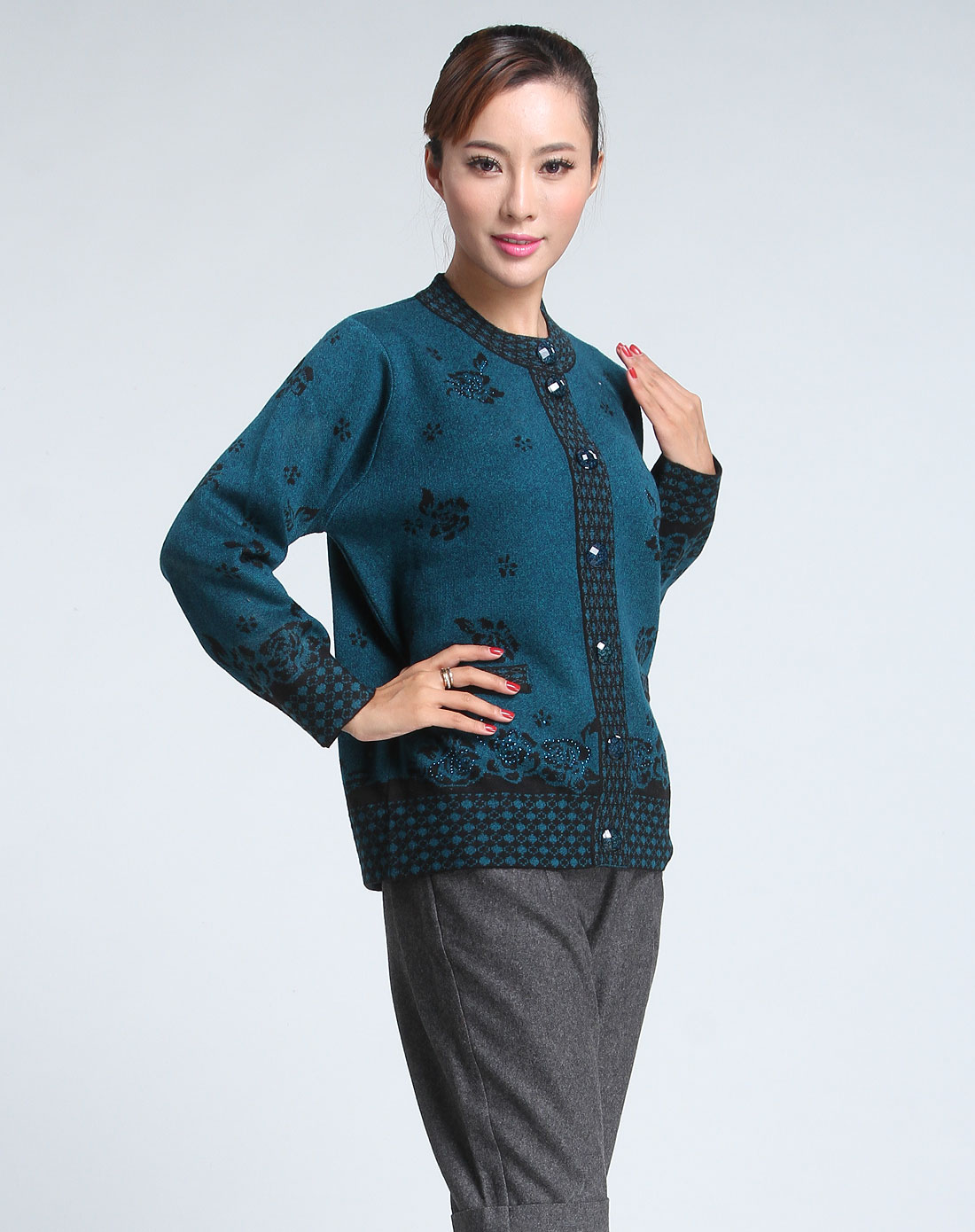 珂清keQing<em>深蓝</em>绿色提花长袖休闲<em>针织开衫</em>KQ