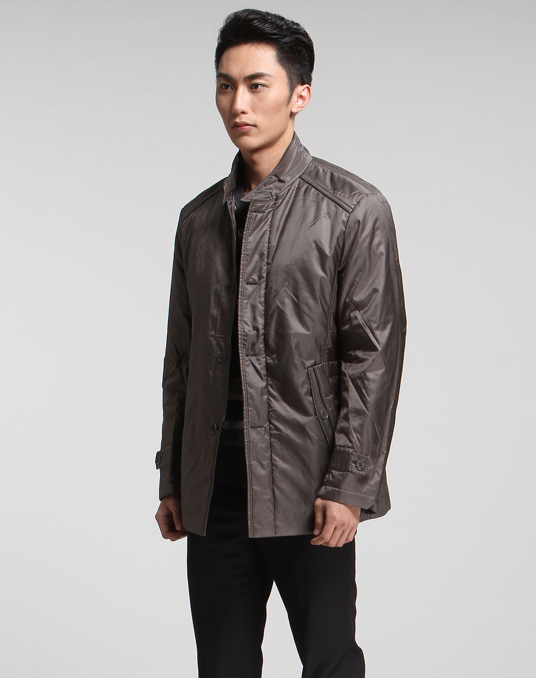 <em>凯撒</em>KAISER男<em>女装</em>男款啡绿色立领拉链简约长