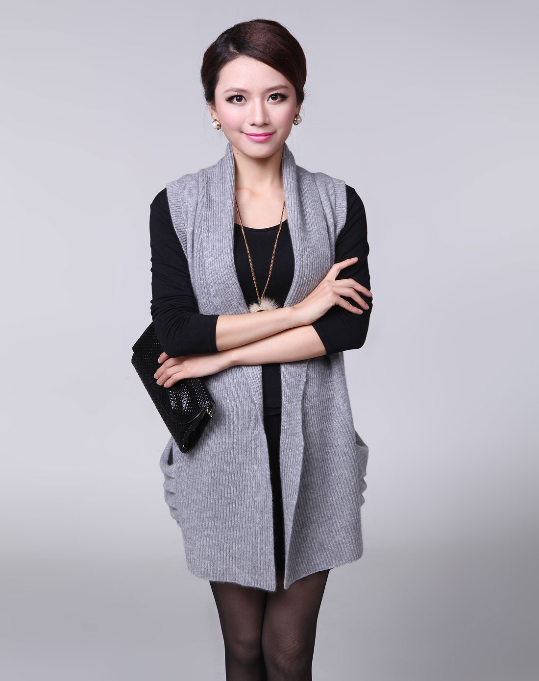 衣尚羊绒烟灰无袖<em>中长</em>羊绒<em>开衫</em>11875-1_<em>唯品会</em>