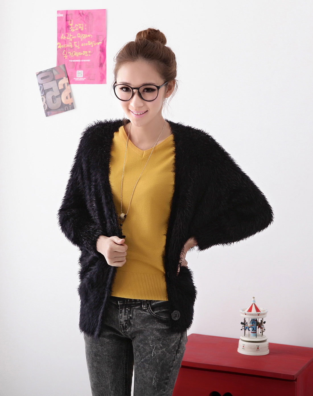 韩都衣舍HSTYLE女上装专场女款<em>黑蝙蝠袖开衫</em>