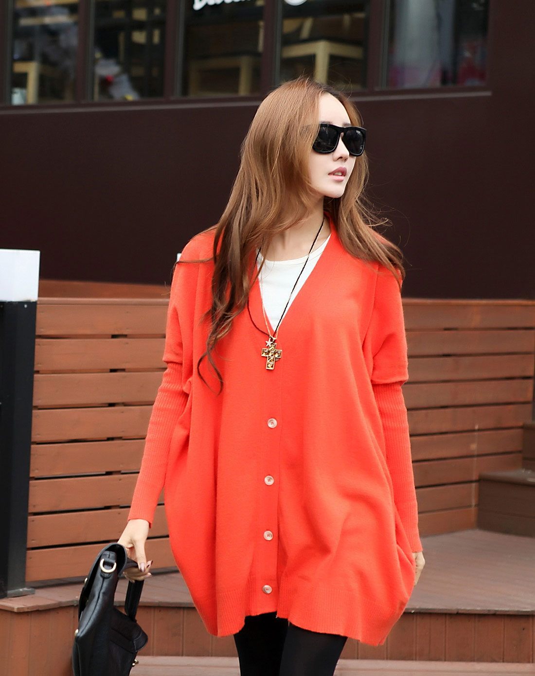 韩都衣舍HSTYLE女<em>上装</em>专场<em>女款</em>橘红色<em>针织开</em>