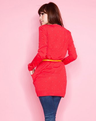 lisa西<em>红色</em>中<em>长款</em>百搭针织<em>开衫</em>bb