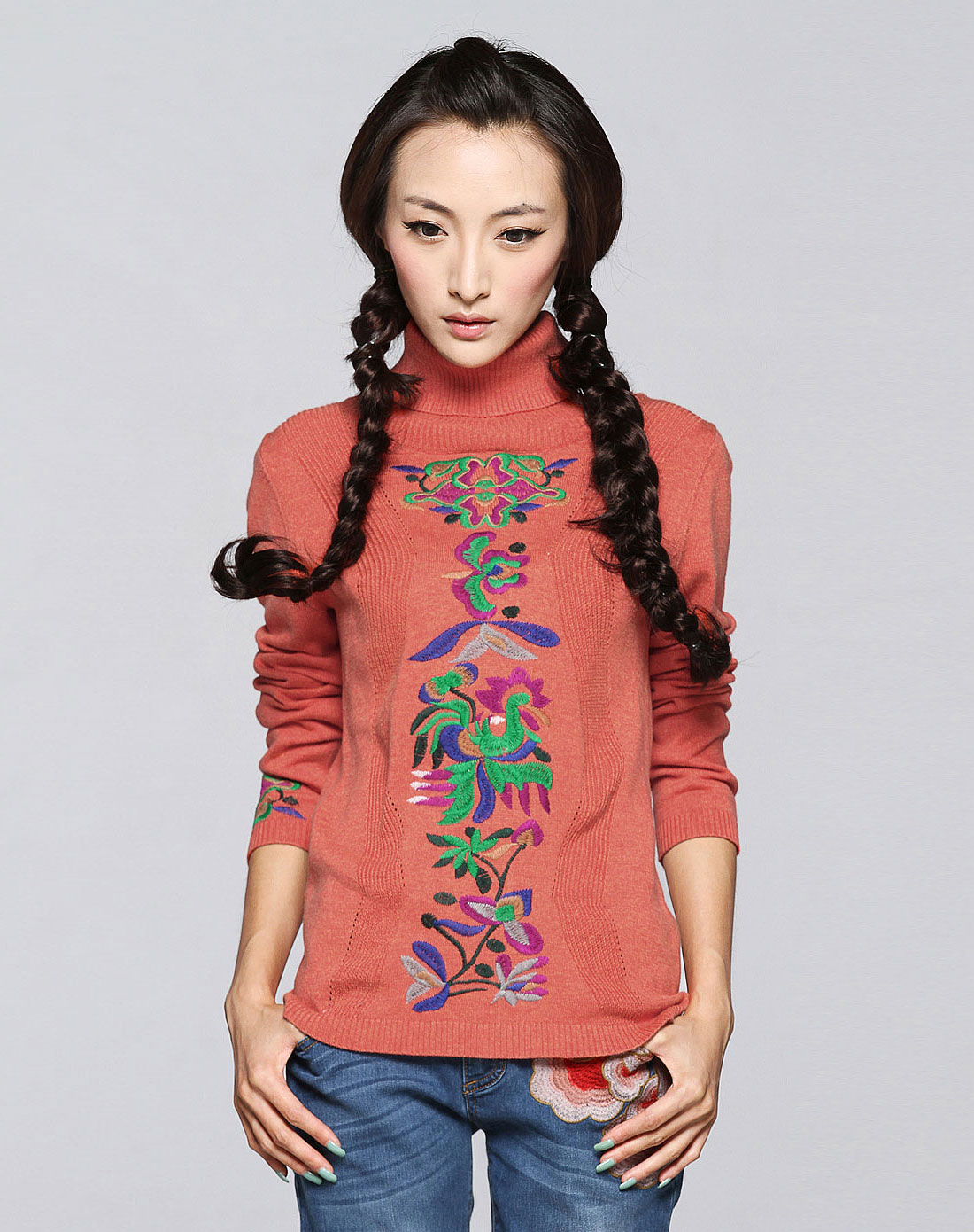 裂帛冬装新款橘色<em>高领堆</em>领绣花<em>毛衣</em>24160009