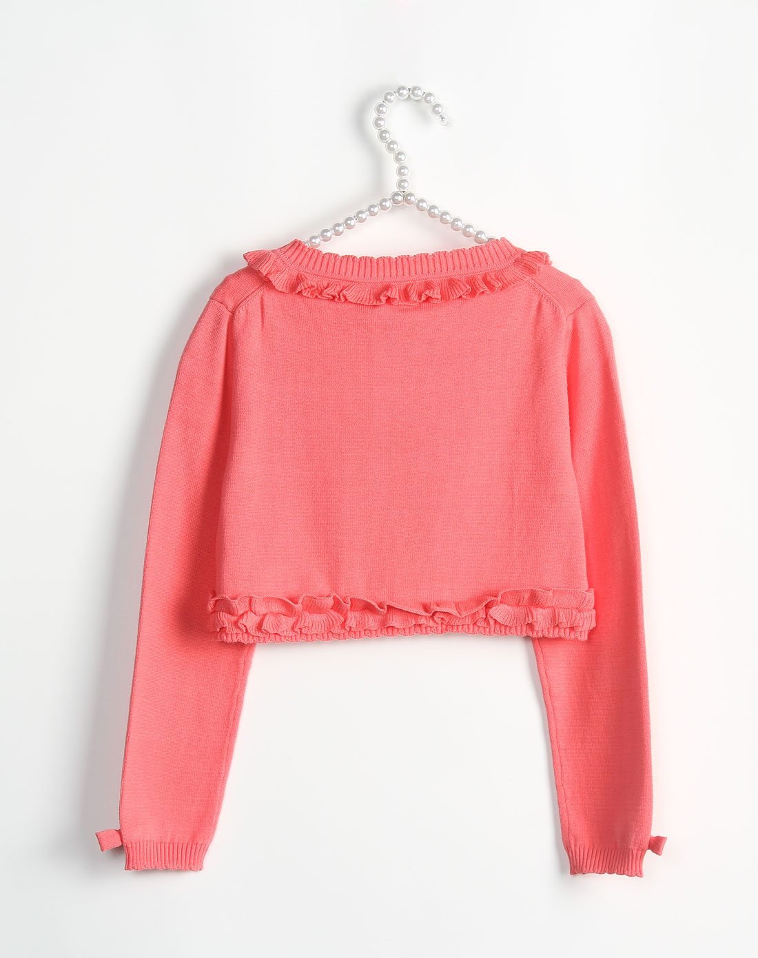 E男女童女童珊瑚红色花边长袖<em>短装针织开衫</em>E