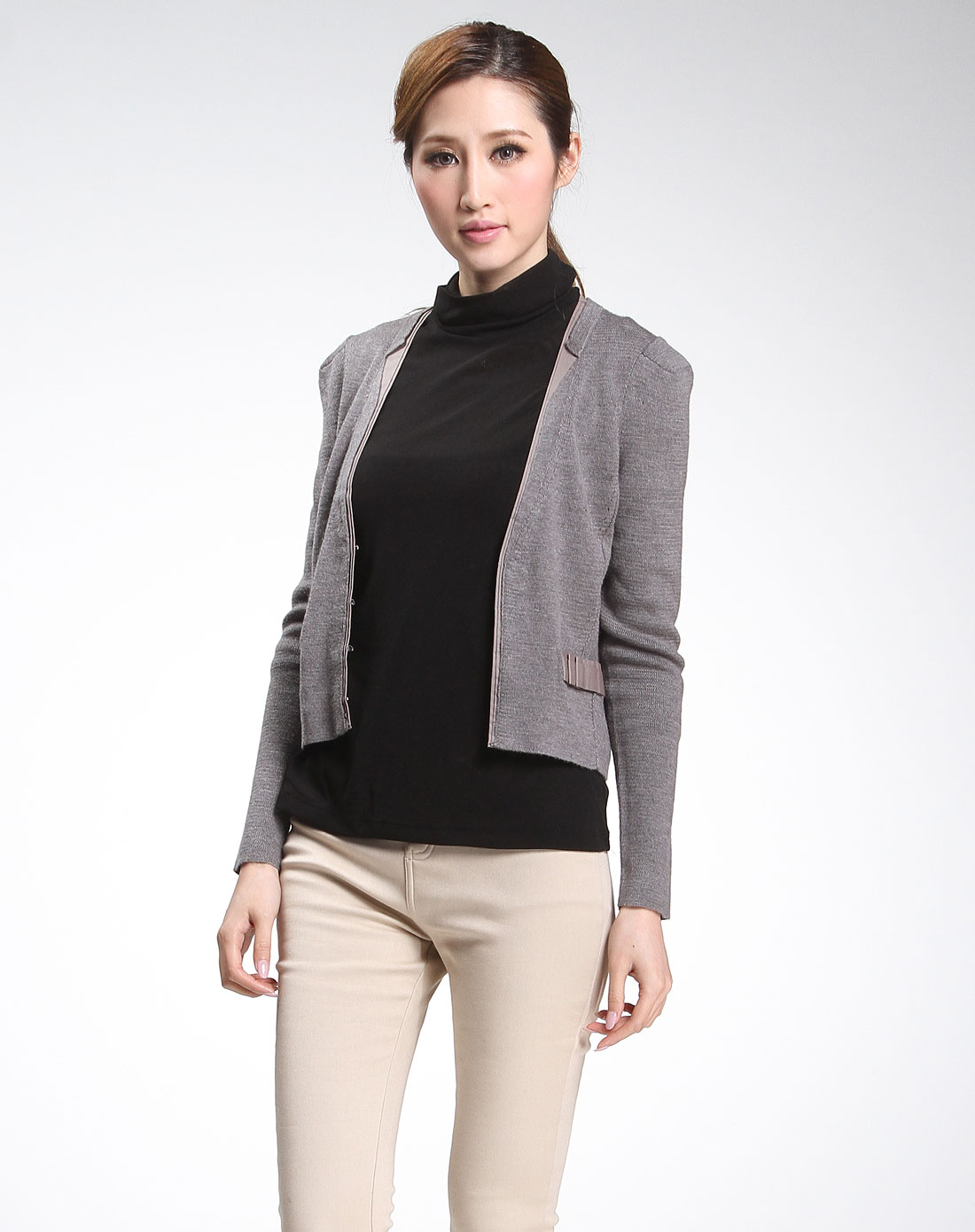 米可芭娜MIKIBANA花灰色优雅<em>淑女</em>长袖<em>针织开</em>