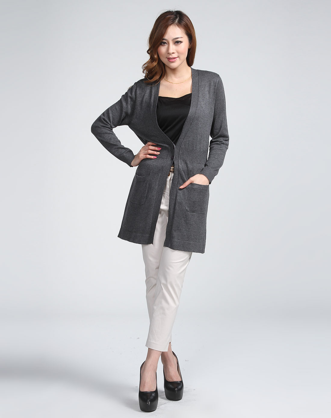 BAILINGZHIJIA深<em>灰色</em>百搭<em>长款</em>长袖<em>毛衣开衫</em>0
