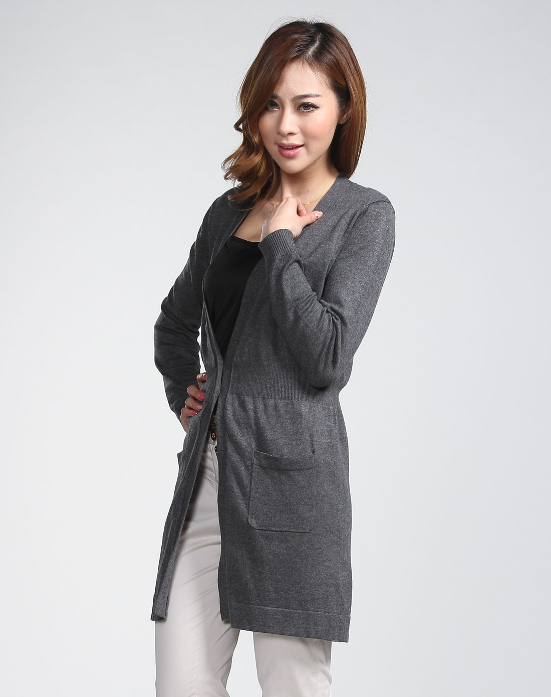 BAILINGZHIJIA<em>深灰色百搭长款</em>长袖毛衣<em>开衫</em>0