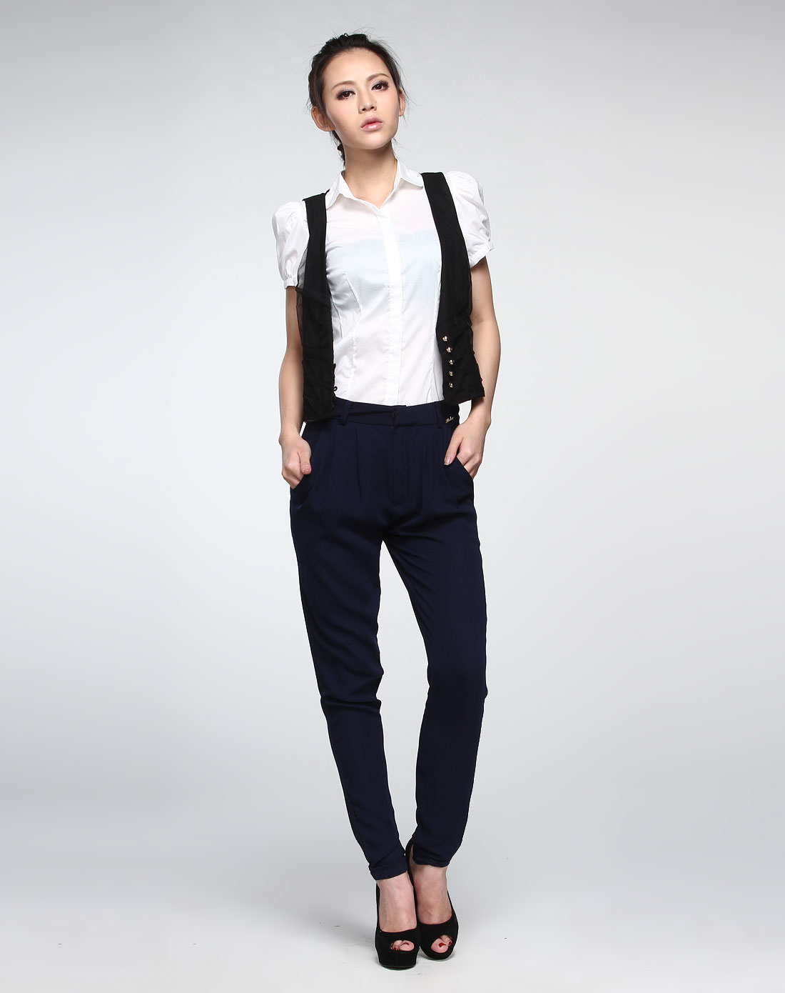 飘蕾PEOLEO<em>个性网</em>纱面黑色<em>马甲</em>121080004