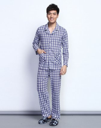 IYA家居服男女男款蓝紫色格子长袖<em>翻领睡衣</em>套