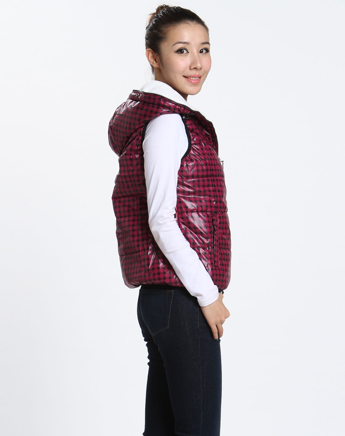 森马女款紫黑/紫色格子马甲