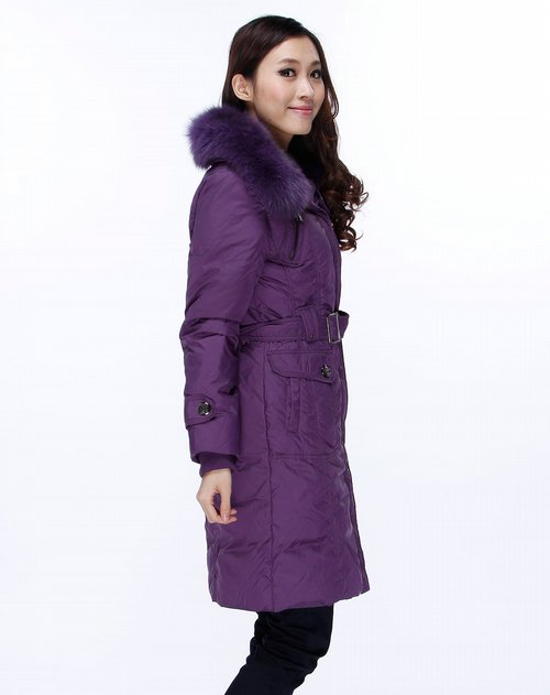 红贝herebe紫色大毛领长款长袖羽绒服