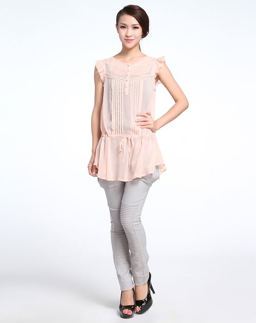 播broadcast女装专场粉色简约淑女盖肩袖上衣