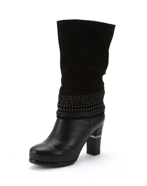 莱思丽lesele女鞋专场黑色饰带时尚高跟中筒靴