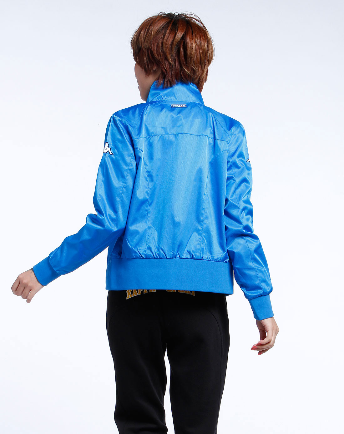 蓝色意大利印字母运动拉链长袖夹克