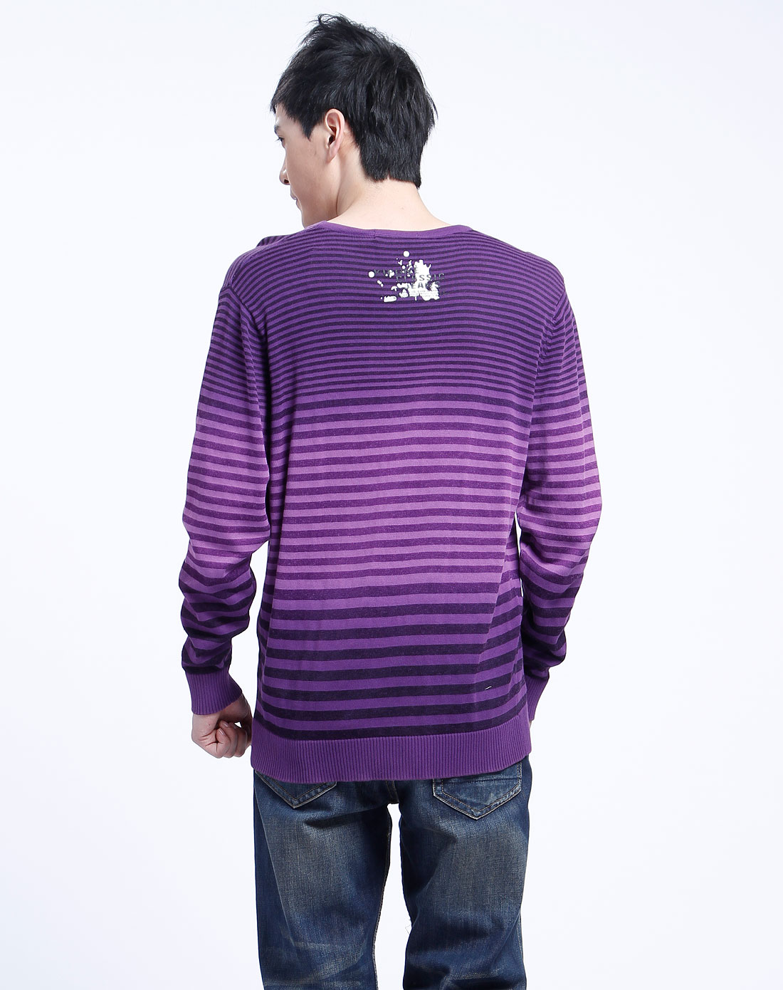 [ 旗牌王 ] 男款紫/黑色条纹贴布长袖上衣