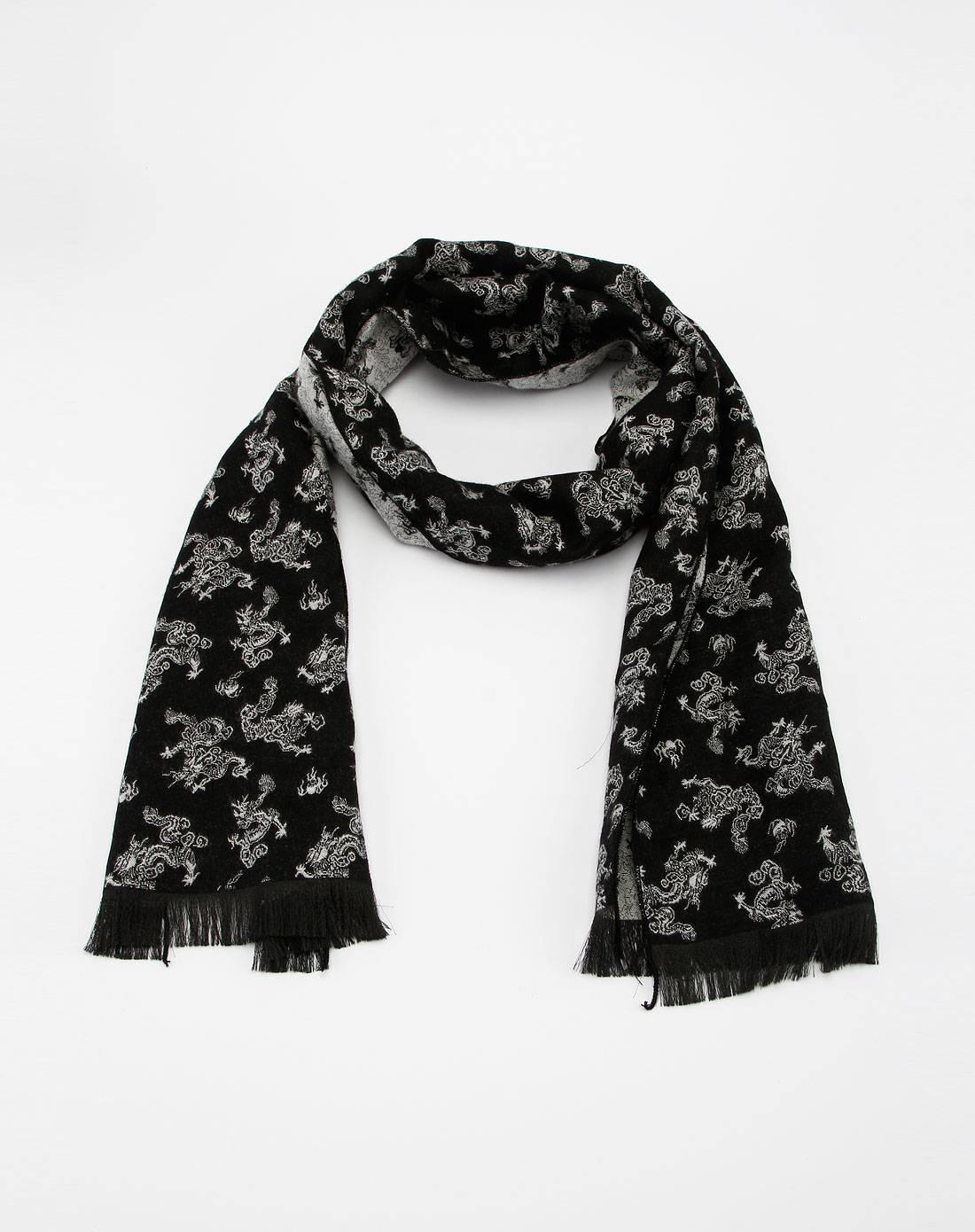 奥丽尔oriole男款黑/白色印龙图案围巾