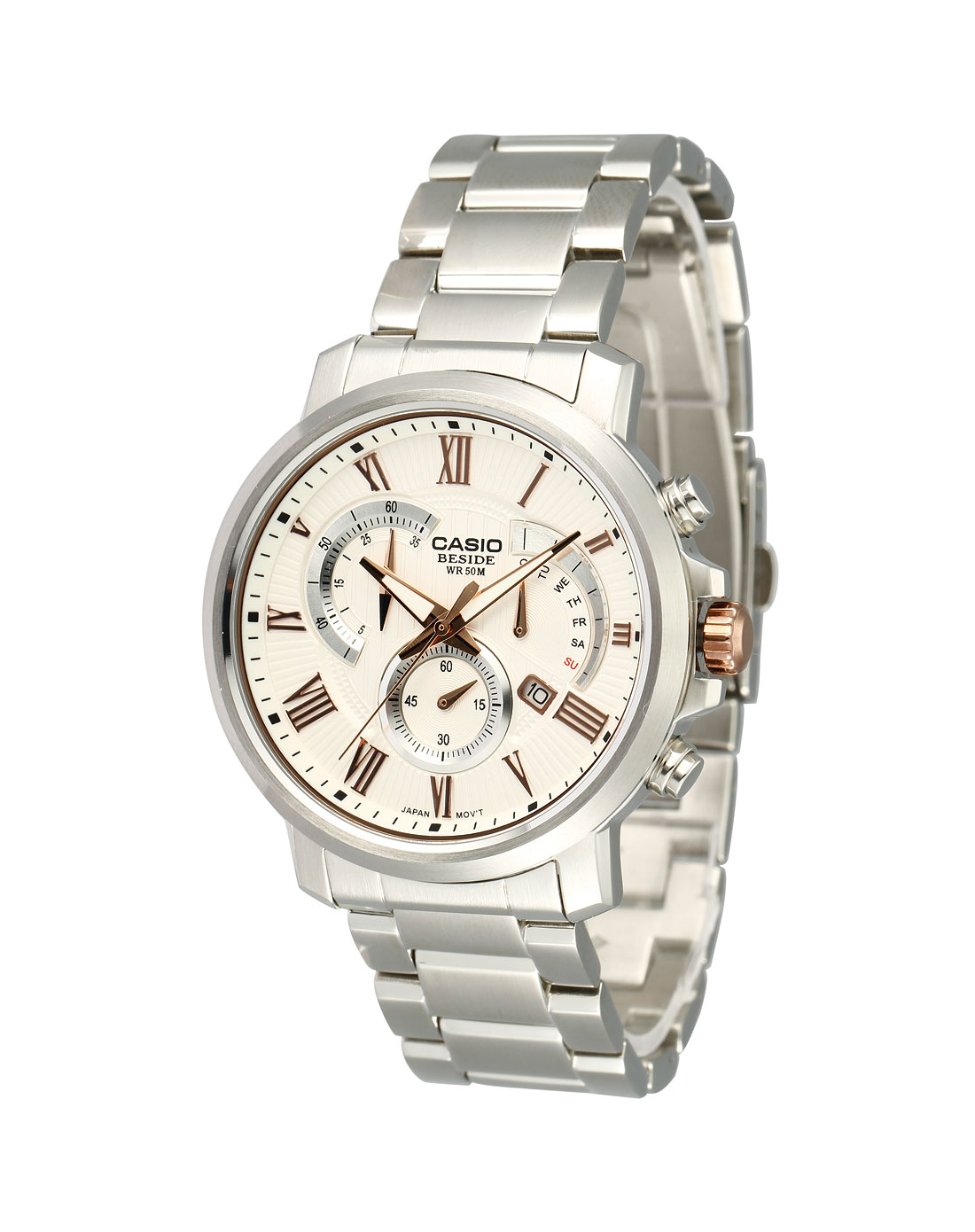 卡西欧casio男款beside系列银/白色典雅魅力钢带石英表