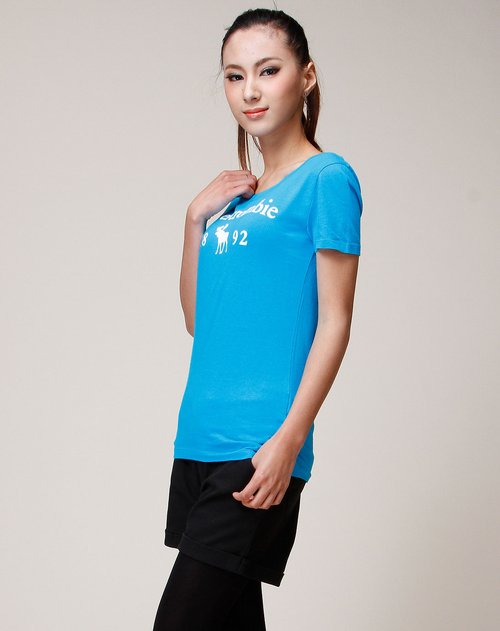 abercrombie&fitch女童服装专场女款蔚蓝色印字短袖t恤