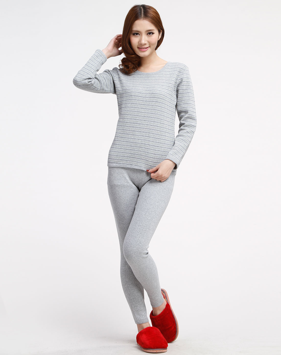 纤丝鸟女款灰绿色细条纹长袖内衣