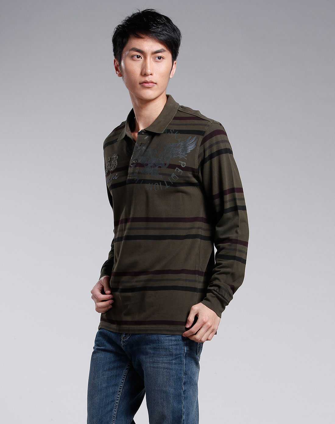 圣弗莱sevlae男装专场男款深军绿色烫字母长袖polo衫